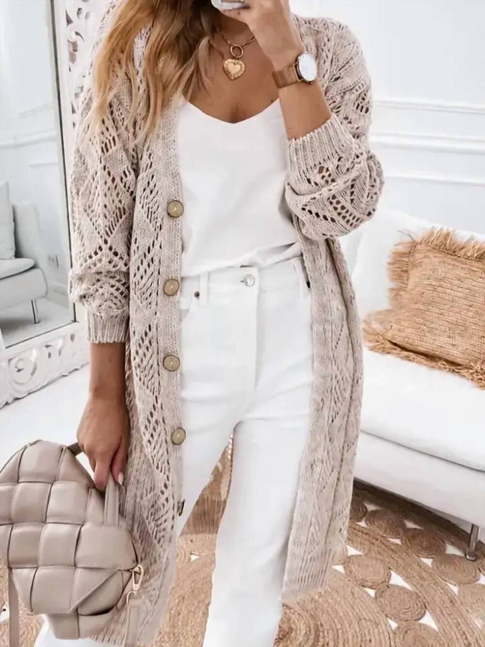 NEW LOVESOFT openwork long knit button cardigan sweater in khaki